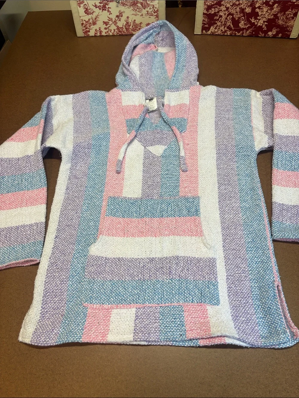 Pastel Striped Hooded Baja Sweater - Pink, Blue, White